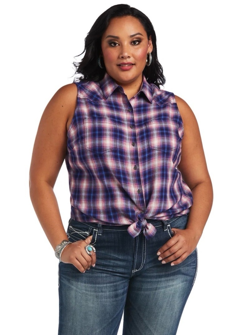 Ariat REAL Billie Jean Hartland Button Shirt Pink Blue Plaid Shirt size XL